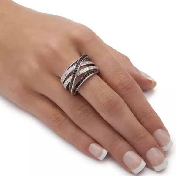 🖤Sterling Silver Black&White Cz Diamond Crisscross Stacked Ring - Picture 2 of 16